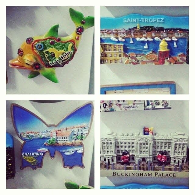 A souvenir collage: a dolphin, Saint-Tropez, a butterfly and Buckingham Palace.
