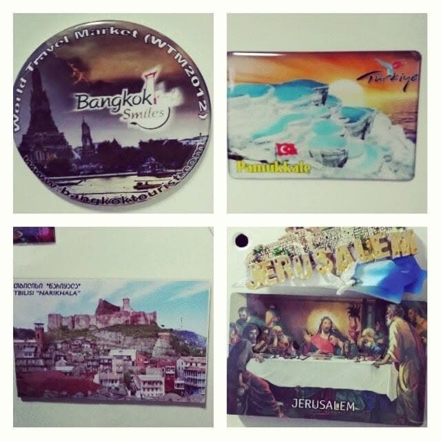 Magnets showing Bangkok, Pamukkale, Tbilisi and Jerusalem.